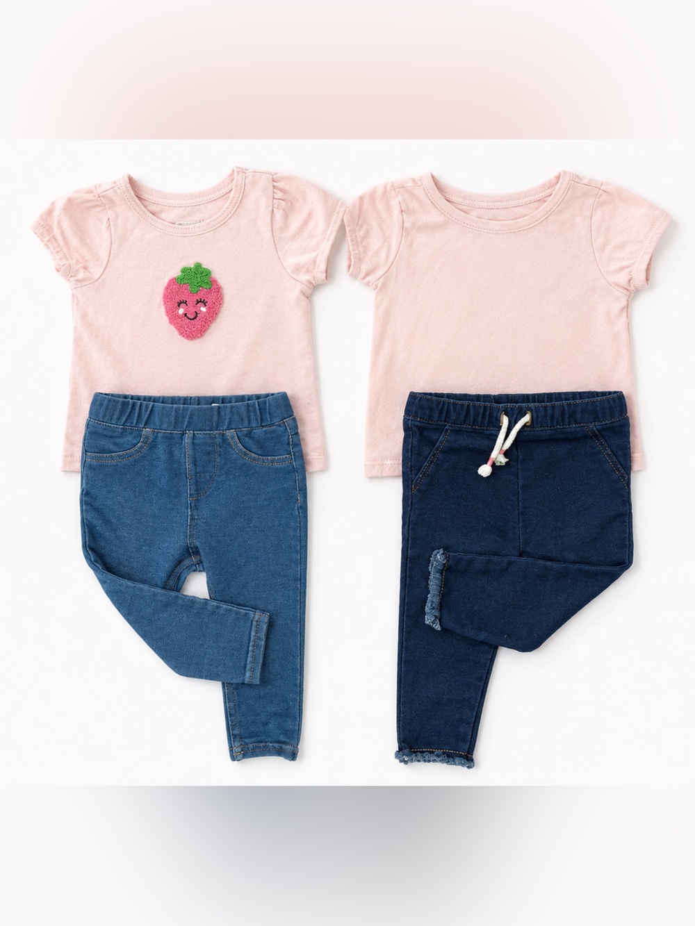 Baby Girl Denim Jegging Outfit Bundle | Strawberry Tee & Pink Top Set